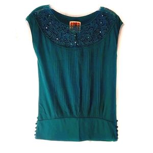 Free People Dark Green Cap Sleeve Blouse with Lace & Rhinestones, Size S